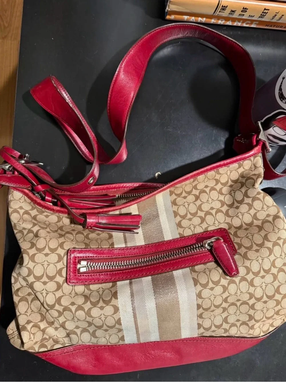 Coach Red Leather Trim Tote with Signature Monogram Interior